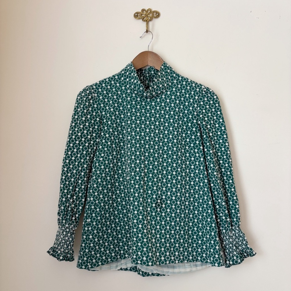 BURU Green Floral Embroidered Mock Neck Top XS Spring Luxury